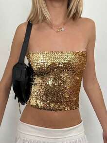 Women's Glitter Sequin Tube Tops Sleeveless Strapless Slim Fit Bandeau Tops Club Shirts - 金色 - 查看 4