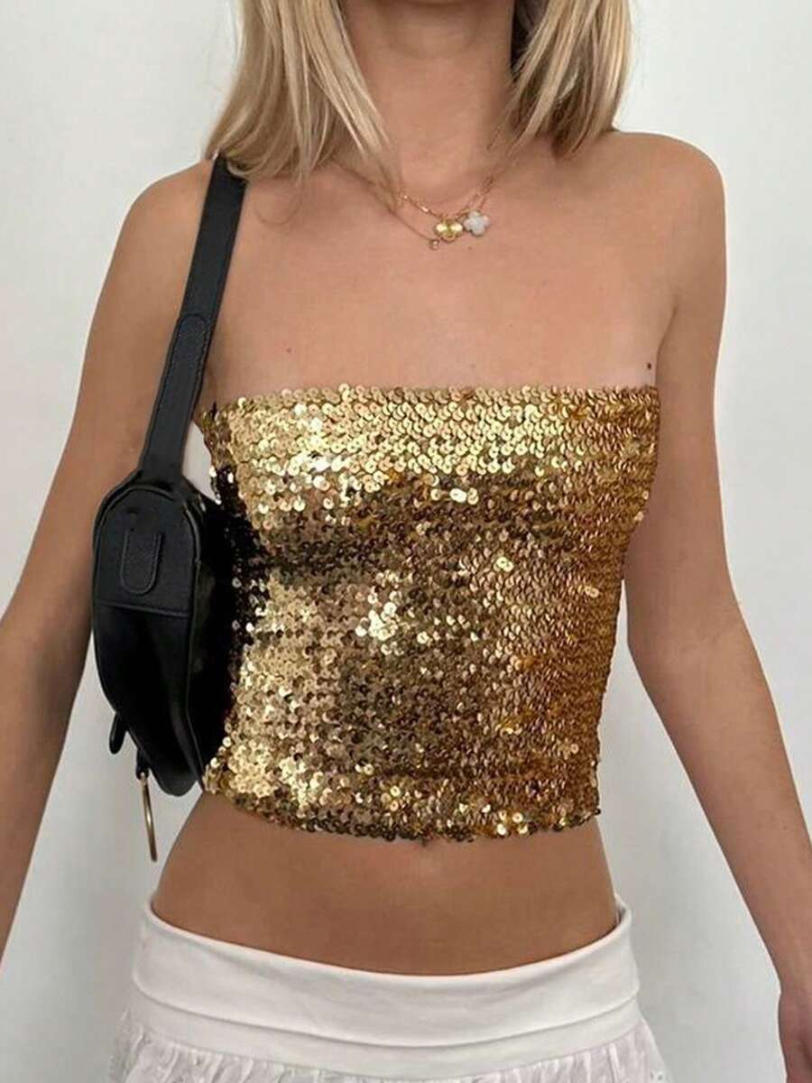 Women's Glitter Sequin Tube Tops Sleeveless Strapless Slim Fit Bandeau Tops Club Shirts - Vàng - Xem 1