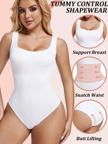 Tummy Control Shapewear Bodysuits For Women Slim Abdomen Compression Full Body Shaper Sculpting Shaping Tank Top Underwear Undershirts Wide Shoulder Straps - 白色 - 查看 2