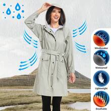 UNIQUEBELLA Rain Jackets For Women Waterproof, Raincoat Long Hooded Rain Coats Outdoor Windbreaker Trench Coat - 灰色 - 查看 3
