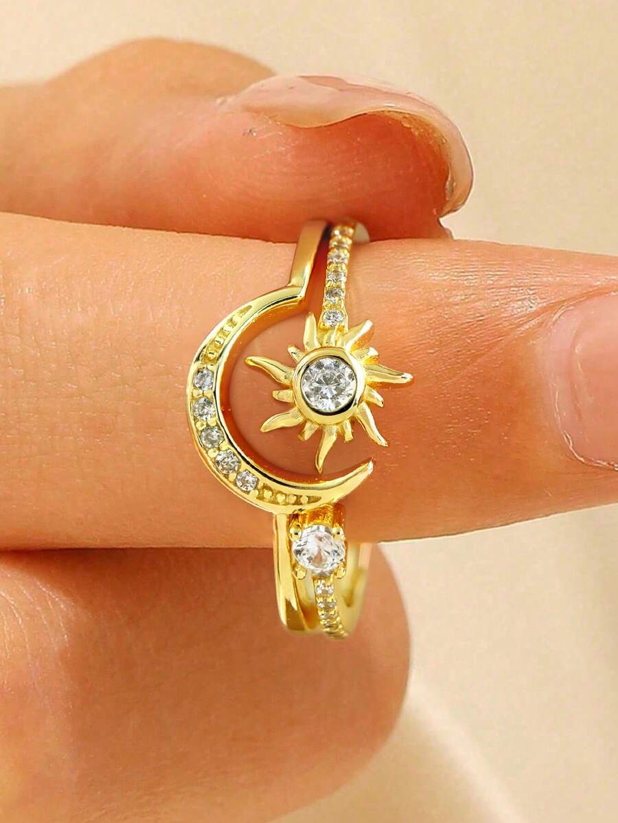 2pcs S925 Sterling Silver Simple Elegant Sun & Moon Cubic Zirconia Rings, Unisex Daily Wear Couple Rings, Valentine's Day Gift, Exquisite Jewelry Present - Sun and Moon Set - View 1