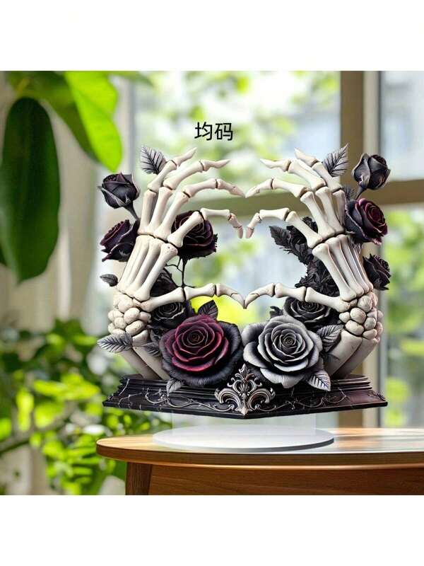 1pc 2D Flat Boho Skeleton Hand With Black Rose Acrylic Desktop Decor - Gothic Floral Art, Suitable For Home, Office Or Holiday Gift, Versatile Creative Decoration