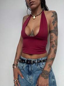 Halter Neckline Top - 酒紅色 - 查看 2
