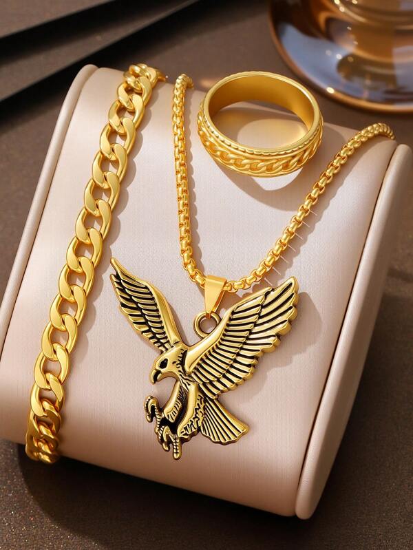 Set de 3 collares con colgante de cabeza de águila en dorado y plata, cadena gruesa+anillo, set de 3 piezas, regalo de lujo ligero para hombres