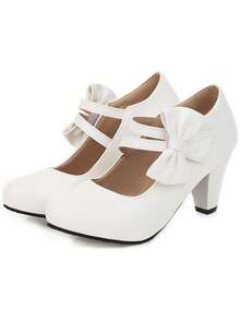 Mary Jane Heels For Women Chunky Heel Ankle Strap Pumps Elegant Round Toe Cute Dressy Shoes With Bow For Ladies And Girls Daily Life  - 杏色 - 查看 3