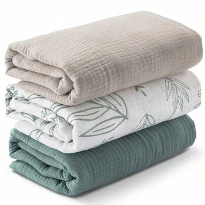 3件套新生儿纯棉纱布襁褓毯，透气柔软，可用于包裹宝宝和拍嗝，是宝宝洗礼的必备品，也是送给婴儿的绝佳礼物。