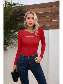 Womens Fashion Fall Cutout Long Sleeve Ribbed Slim Fitted Tops Shirts Tee Tshirts - Long-red - View 7