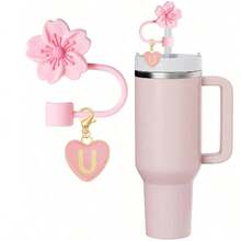 2 件/套心形和字母花卉可重复使用吸管盖，粉色杯字母标记，以及硅胶花卉吸管盖，适合 10 毫米大直径吸管，现代简约玻璃杯的可爱字母配件