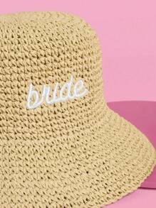 1 Pc,Embroidered,Bride Straw Bucket Hat |Back To School,Beach Bachelorette Accessory, Bridal Headwear, Bach Party Decorations, Bridesmaid Gift, Wedding Cap Brown - Multicolor - View 5