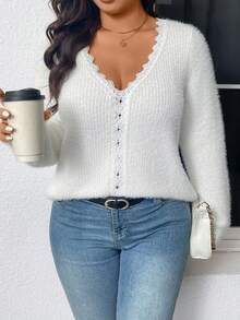 كنزة صوفية كاجوال واسعة بياقة على شكل حرف V لون أحادي الألوان مطرزة بالدانتيل للسيدات