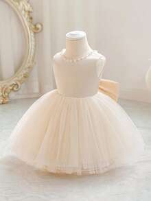女婴香槟色手工串珠 3D 蝴蝶结圣诞派对优雅薄纱公主裙，适合女孩 1 岁生日礼物、派对、宴会、节日庆典 - 香檳色 - 查看 4