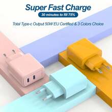 50W Dual Port USB-C Charger, With GAN PD3.0 Fast Charging Adapter And 1M Data Cable, Compatible With Macbook Pro/Air M1/M2, XPS 15/16, Compatible With IPad Pro/Air, Pixel, Galaxy S23 Ultra/Plus - EU Plug - EU C Type Plug(220-240V) - View 4