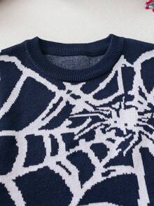 Suéter de punto con gráfico de araña, estilo callejero para niño pequeño, adecuado para Halloween, uso diario, primavera/otoño/invierno - Azul Marino - Ver 4