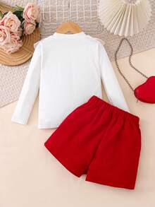 Bộ 2 món/Bộ trang phục thường ngày cho bé gái - Áo dài tay màu trắng & Bộ váy xòe đính ngọc trai đỏ, Thích hợp cho tiệc tùng, kỳ nghỉ, trang phục thường ngày, mùa xuân thu - Đỏ - Xem 2