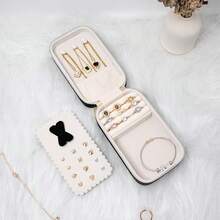Small Travel Jewelry Organizers Box Women With PU Leather Portable Jewelry With Compartments Necklace Rings Earrings,Luxury Giftable Boxes.(Pearl White, S) - 黑色 - 查看 3