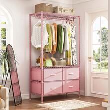 EnHomee Heavy Duty Tall Clothes Rack With Shelves, Hanging Hanger With 4 Drawers, Freestanding Adjustable Wardrobe Closet For Bedroom, Living Room, Cloakroom, Pink - Hồng - Xem 8