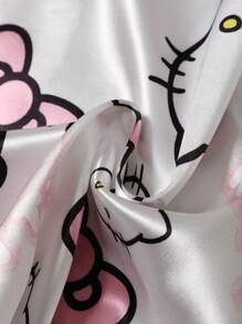 Sanrio Plus Size 3pcs Hello Kitty Silk Pajama Set, 97% Polyester 3% Elastane, Short Sleeve Button Front Lapel Bow Cartoon Cute Front Button Pocket Contrast Trim Sanrio, Outfits