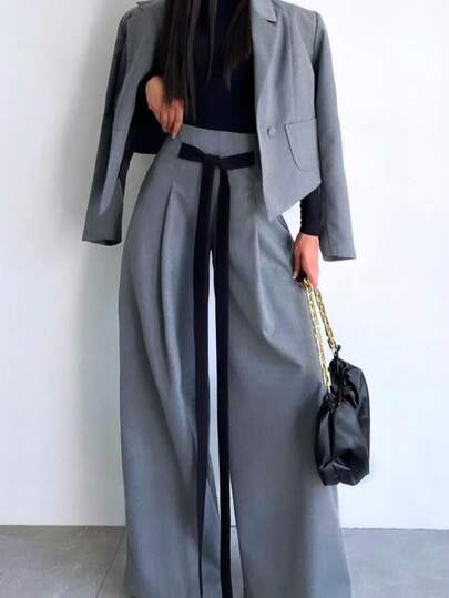 Women's Knotted Waist Pleated Wide Leg Loose Casual Pants