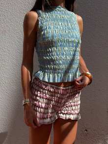 Women Y2k 2 Piece Smocked Loungwear Sleeveless Tiered Ruched Crop Tank Top Low Rise Ruffle Bloomer Shorts Matching Set Summer Fairycore Going Out Set - Màu xanh lam - Xem 3