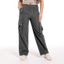 4 Flap Pockets Button Cargo Pants, Casual Loose Elastic Waist Pants,Y2K Style - Dark Grey - View 3