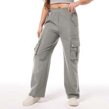 4 Flap Pockets Button Cargo Pants, Casual Loose Elastic Waist Pants,Y2K Style - Light Grey - View 4