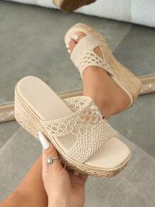 女士时尚手工编织厚底凉鞋，坡跟菱形图案波西米亚风海滩婚礼派对办公室户外健身房，春夏