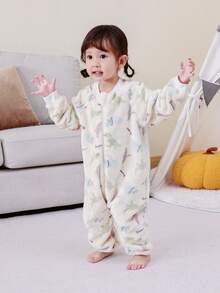 婴儿幼儿四季通用法兰绒分腿睡袋，蓬松柔软的恐龙印花长袖连体睡袋，适合0-3岁宝宝。