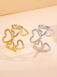 1 件可调节开放式心形戒指，带有多个互锁心形，不锈钢 18K 镀金不褪色珠宝，适合女士日常佩戴