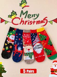5pcs Christmas Socks For The Elderly Elk Snowman Men And Women In The Tube New Year Christmas Socks, Fall Socks
