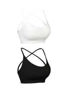 2 sztuki damskie krótkie sportowe koszulki typu racer back bezszwowe rozciągliwe oddychające modne bieganie joga fitness topy, czarno-białe