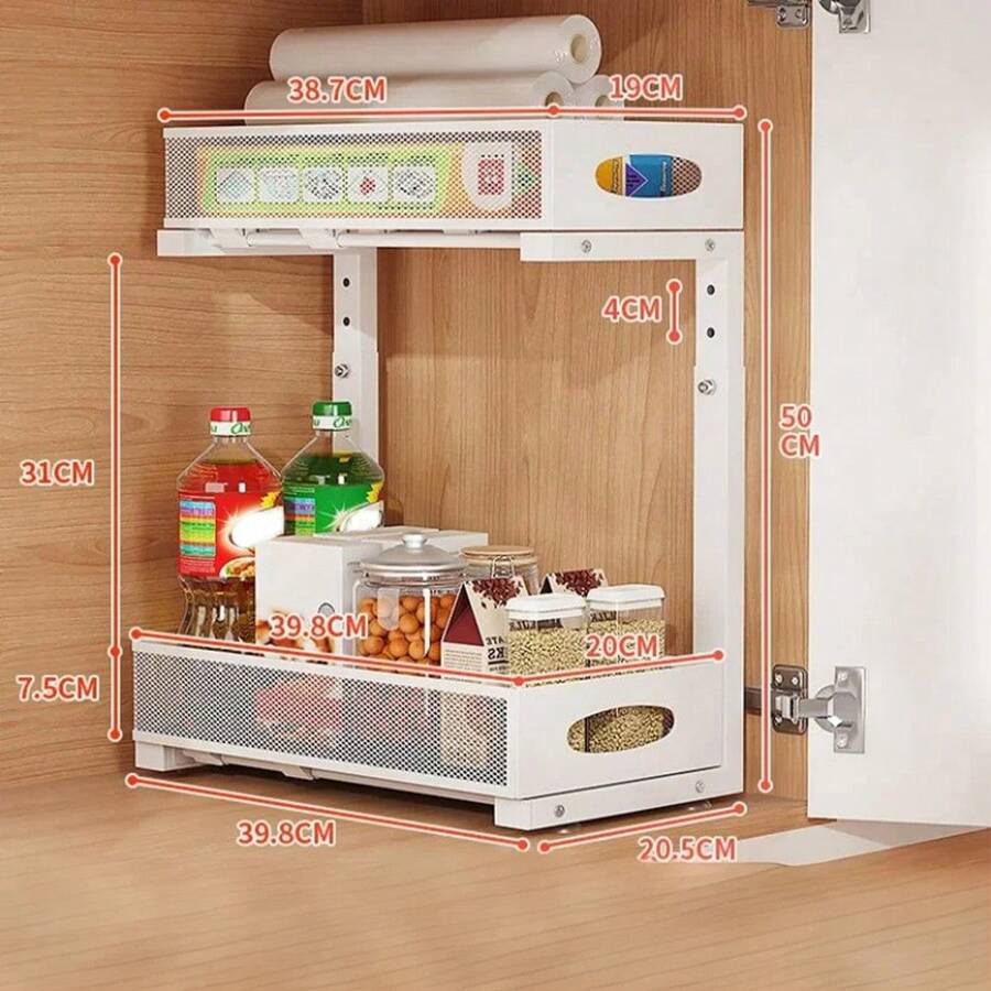 Organizador de cocina bajo el armario, altura ajustable, extensible, estante extraíble de 2 niveles para fregadero, almacenamiento bajo el fregadero para armarios de cocina, blanco