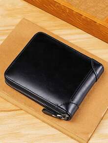 男士复古短款拉链钱包年轻男士卡包大容量多卡位手拿包适合日常使用生日礼物返校礼物男友礼物周年纪念礼物男士钱包迷你钱包钱夹男式钱包真皮小钱包 - 黑色 - 查看 1