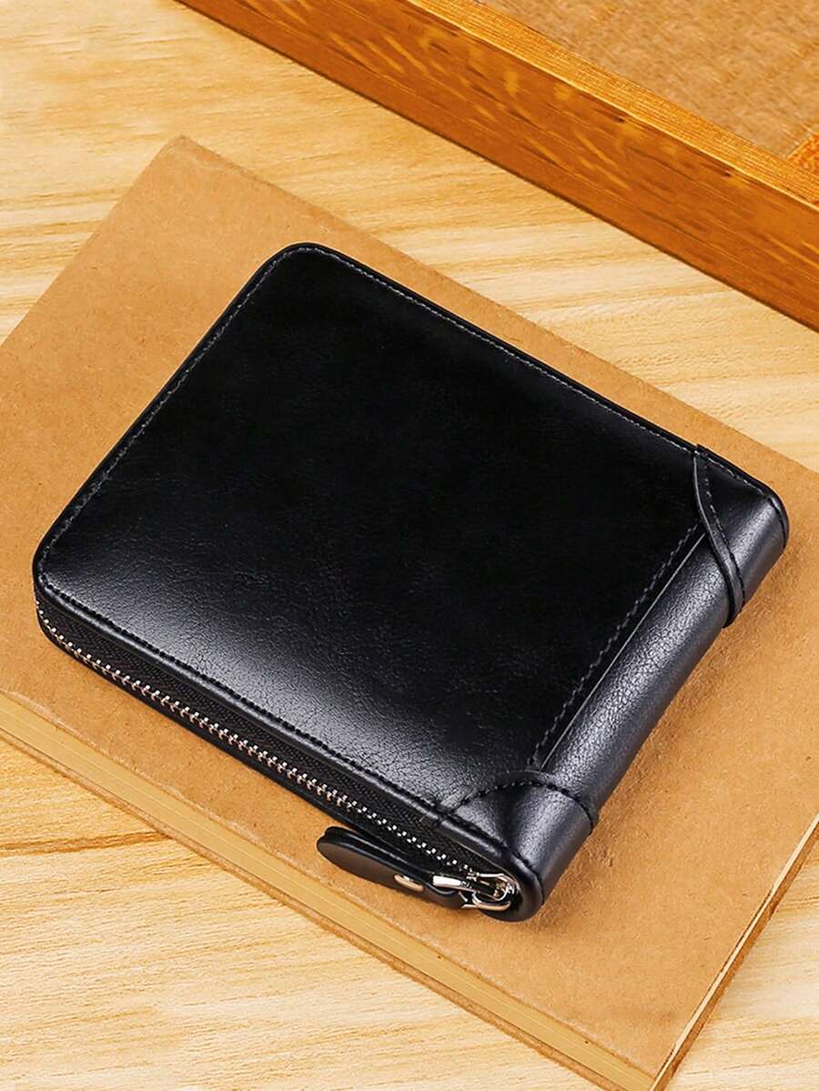 男士复古短款拉链钱包年轻男士卡包大容量多卡位手拿包适合日常使用生日礼物返校礼物男友礼物周年纪念礼物男士钱包迷你钱包钱夹男式钱包真皮小钱包 - 黑色 - 查看 1