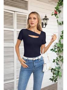 Womens Fashion Fall Cutout Long Sleeve Ribbed Slim Fitted Tops Shirts Tee Tshirts - 短版海軍藍 - 查看 7
