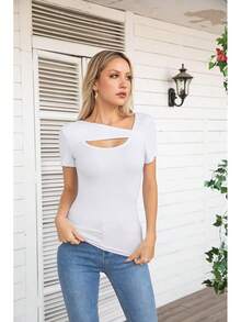 Womens Fashion Fall Cutout Long Sleeve Ribbed Slim Fitted Tops Shirts Tee Tshirts - 短白 - 查看 3