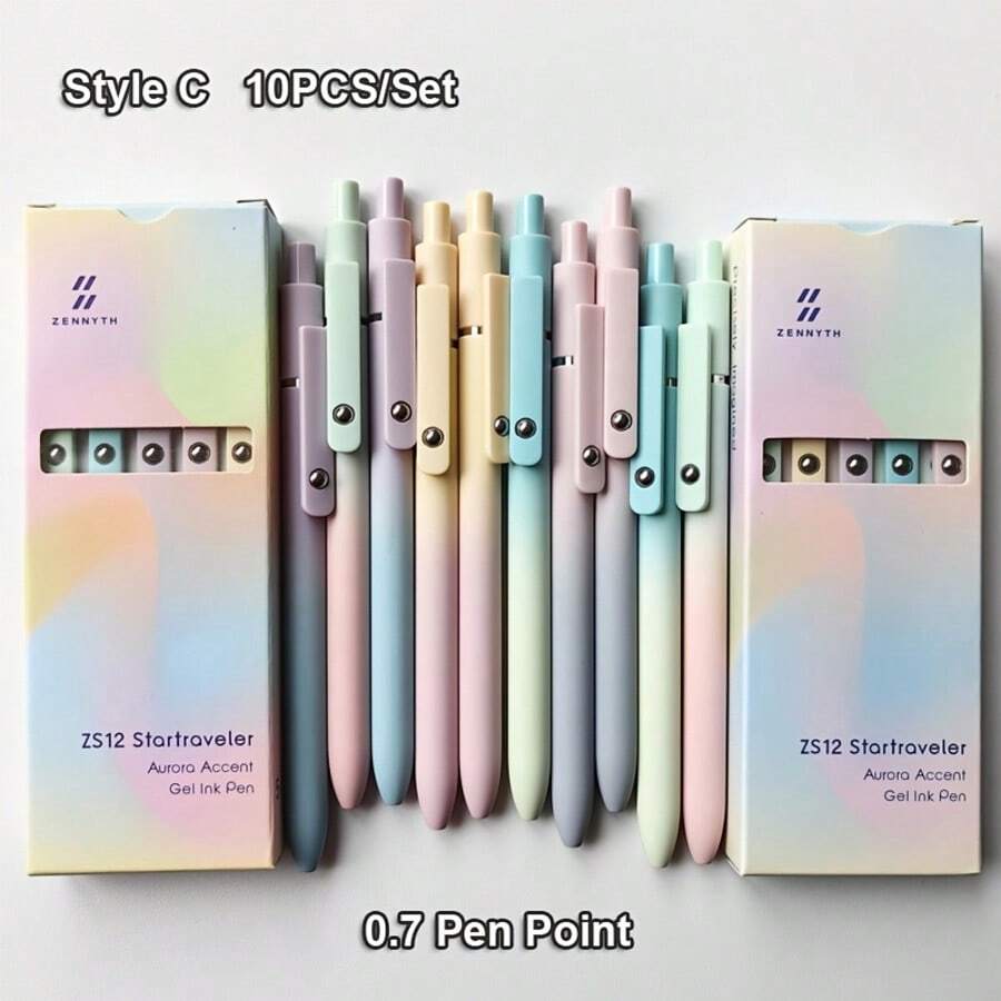 10 Pcs/Set Colorful Aurora Design Gel Pens, 0.7mm Black Ink, Low Center Of Gravity High-Quality Pen Body, Smooth Writing, Office & School Supplies - 10Pcs - View 1