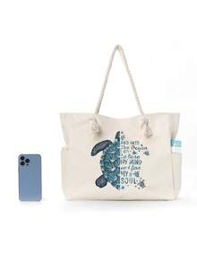 1pc Large Printed Beach Tote Bag With Zipper, Summer Girls Tote Bag, Pool Vacation Storage Bag, Large Capacity Shoulder Bag, Multiple Usage Scenarios, Suitable For Beach Sunbathing, Picnic, Camping, Travel, Gym, Pool Bag, Beach Bag, Weekend Bag Reusable Shopping Bag Or Daily Commuting - Multicolor - View 5