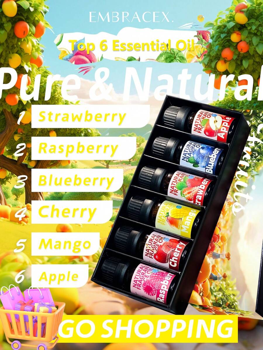 EMBRACEX. 6pcs/1PC 10ml Essential Oils Fruit Essential Oil Set | Mango Apple Cherry Strawberry Blueberry Raspberry Scents | Home Diffuser, Candle Making | 6Pcs Fresh Fragrance Kit Diffuser/Scented Candle/Room Spray Air Freshener/Sleep Aid/Stress Relief Baking/DIY Candles Making - 水果 - 查看 1