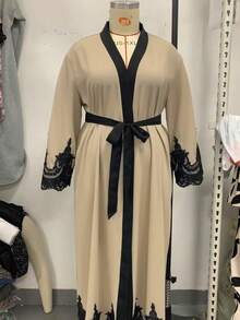 Women's Contrast Color Lace Splice Traditional Turkish & Arabic Long Dress - Khaki - View 3