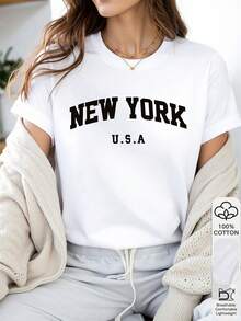 1 件女式纽约 100% 纯棉 T 恤，粗体字母印花，都市风格，日常穿搭，春夏，最终款，独家，送给她的礼物