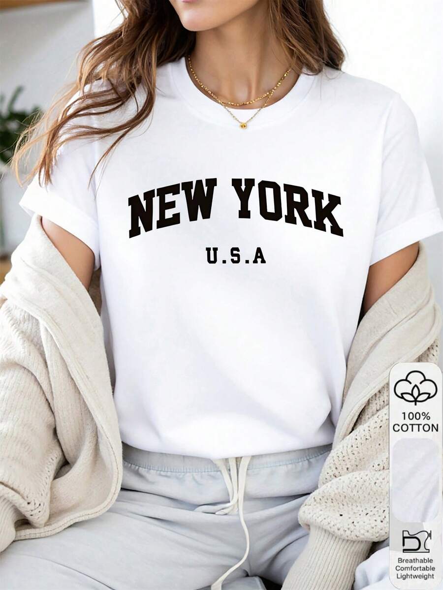 1 件女式纽约 100% 纯棉 T 恤，粗体字母印花，都市风格，日常穿搭，春夏，最终款，独家，送给她的礼物