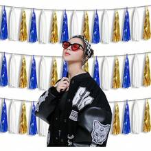 3P Metallic Fringe Tassel Banner Garland Foil Tinsel Streamer Wall Hanging Curtain Backdrop Banner For Parade Floats, Graduation Decorations, Father's Day Party Decoration(Silver)Halloween Christmas New Year - 海軍藍,白金 - 查看 4