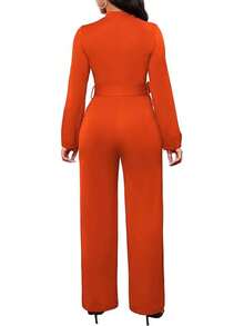 Jumpsuits For Women Formal Sexy Elegant Long Straight Pants Busineess Party Jumpsuit With Belt Pockets - 橘色 - 查看 5