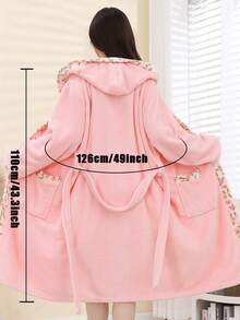 1件女士粉色樱花图案睡袍，绒面法兰绒材质，带口袋，柔软保暖舒适，配有腰带，拼接和服领，可爱卡哇伊冬季酒店水疗睡衣 - 彩色 - 查看 6