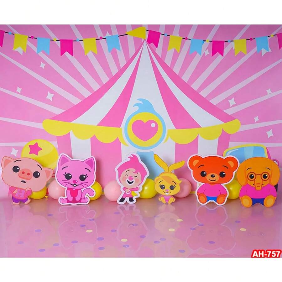 Plim Cartoon Pig Circus Birthday Party Backdrop Decoration Banner (Multiple Styles) Fiesta Тheme Baby Shower Photography Background Prop Decor - Style - 查看 1