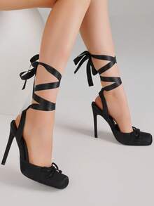 Ballet Mary Janes Black High Heels For Women Square Toe Satin Lace Up Ballerina Stiletto Heels With Bow Elegant Wedding Party Slingback Pump Heels For Women  - màu đen - Xem 4