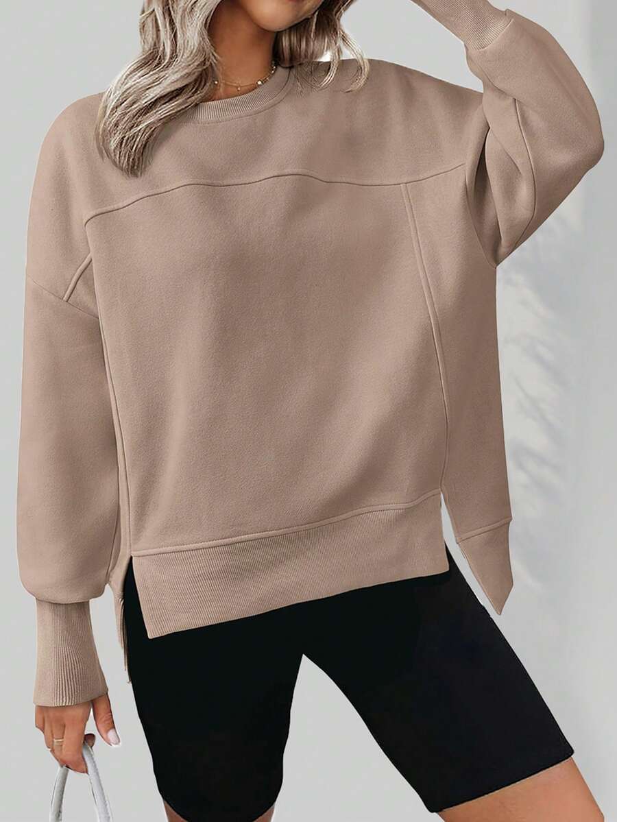 Women's Casual Round Neck Sports Shirt Autumn Winter Long Sleeve Side Slit Solid Color Pullover Hoodie Top - 淺咖色 - 查看 1