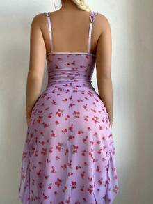 SOFUSEN 2pcs Floral Polka Dot Mesh Ruffle Trim Split Thigh Cami Nightdress Set With Underwire Bra & Thong,Valentine's Day,   Gifts - 粉紅紫色兩件套 - 查看 5