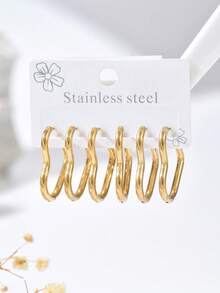 6 件套优雅简约设计不锈钢耳环套装，适合女士 - 金色 - 查看 17
