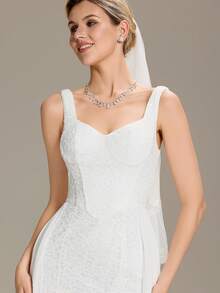 优雅无袖高腰鱼尾下摆A字型婚纱，适合草坪婚礼仪式白色礼服 - 白色 - 查看 5